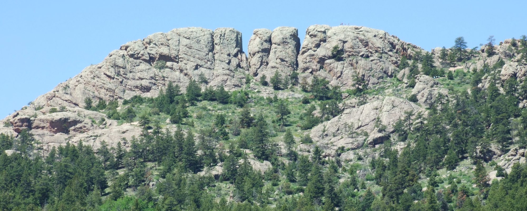 Horsetooth Rock, the rocky summit above Fort Collins, rising over green pine forest under a clear blue sky